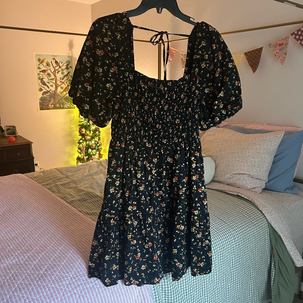 GAP Black Floral Dress with Puff Sleeves